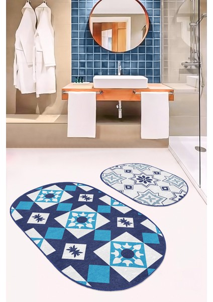 Geometrik Lacivert Çizimli 2'li Elips Kaymaz Tabanlı Banyo Halı Takılı & Klozet Paspas Seti modelleri