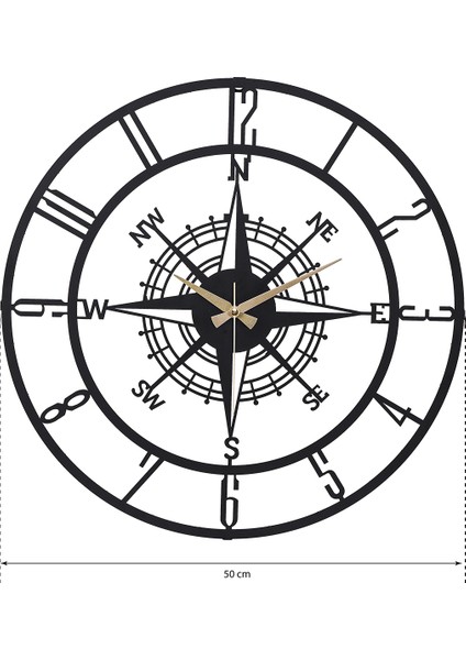 Muyika Bunnela Pusula Metal Siyah Sessiz Mekanizma Duvar Saati 50X50Cm Mds-50