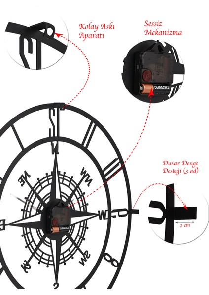 Muyika Bunnela Pusula Metal Siyah Sessiz Mekanizma Duvar Saati 50X50Cm Mds-50