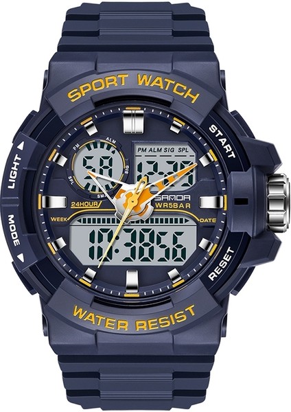 6025 Çift Zamanlı Dijital Ekran Suya Dayanıklı Kuvars Saat Koyu Mavi (Yurt Dışından)