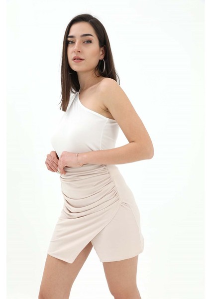 Yanları Büzgülü Beli Lastikli Etek - Bej modelleri
