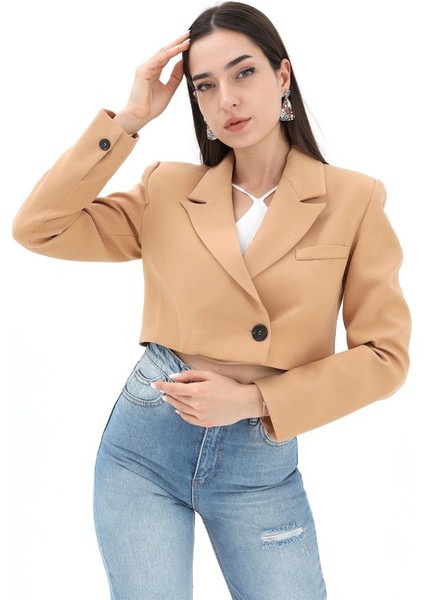 Crop Blazer Kısa Ceket - Camel