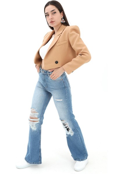 Crop Blazer Kısa Ceket - Camel