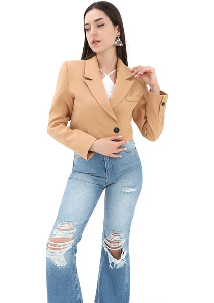 Crop Blazer Kısa Ceket - Camel