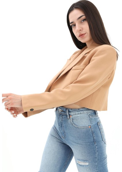 Crop Blazer Kısa Ceket - Camel