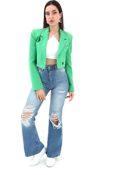 Crop Blazer Kısa Ceket - Yeşil