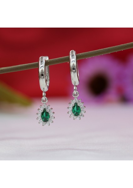 Yeşil Beyaz Taşlı Minimal Anturaj Damla Gümüş Küpe