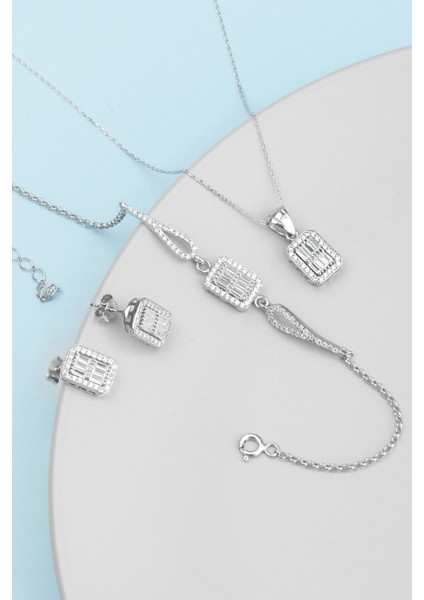 925 Ayar Gümüş 2'li Trapez Model Baget Takı Seti