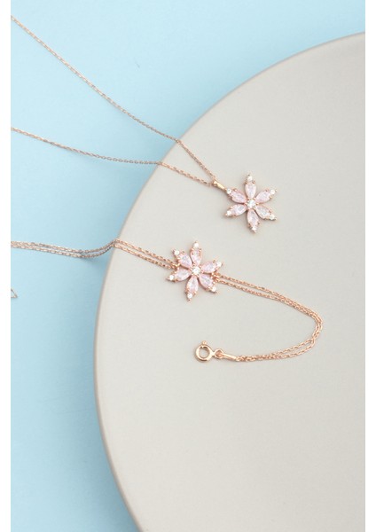 925 Ayar Gümüş Gül Kuvars Model Nergis Çiçeği Kolye ve Bileklik Set