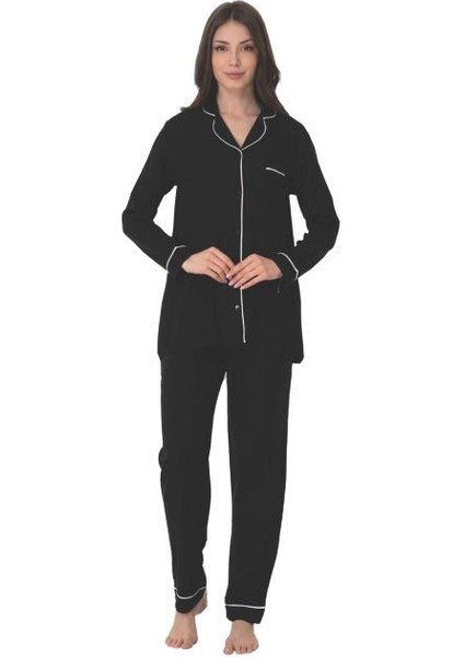 8097 Uzun Kol Önden Düğmeli Kadın Pijama Takım