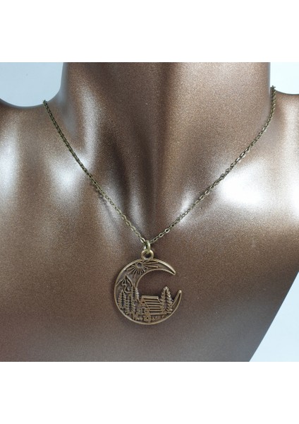 Bronz Renk 30MM Cottagecore Dağ Evi Figürlü Kolye