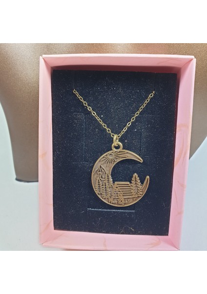 Bronz Renk 30MM Cottagecore Dağ Evi Figürlü Kolye