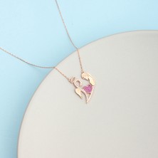 Ravza Gümüş 925 Ayar Gümüş Fuşya Kalpli Anne Sevgisi Kolye