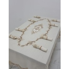 Finezza Perla Lüx Dantelli Simli Keten Kumaş Bej Masa Örtüsü ve Peçeteli Sofra Takımı 8 kişilik Dikdörtgen 160x230 cm 17 Parça - 1160