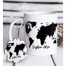BK Kişiye Özel Dünya Haritası Beyaz Kupa ve Anahtarlık Hediye Seti