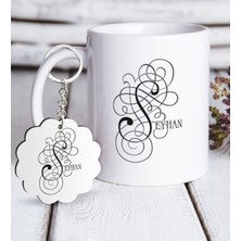 BK Kişiye Özel Kaligrafi Harfli Beyaz Kupa ve Anahtarlık Hediye Seti-1