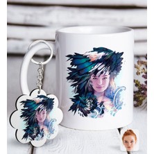 Bk Kişiye Özel Kadın Soyut Karikatürlü Beyaz Kupa Ve Anahtarlık Hediye Seti-3