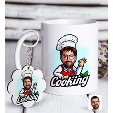Bk Kişiye Özel Erkek Chef Karikatürlü Beyaz Kupa Ve Anahtarlık Hediye Seti-14