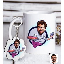 Bk Kişiye Özel Erkek Garson Karikatürlü Beyaz Kupa Ve Anahtarlık Hediye Seti-1