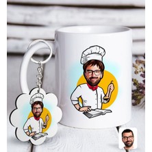 Bk Kişiye Özel Erkek Chef Karikatürlü Beyaz Kupa Ve Anahtarlık Hediye Seti-12