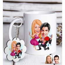 Bk Kişiye Özel Sevgililer Karikatürlü Beyaz Kupa Ve Anahtarlık Hediye Seti-9