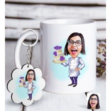 Bk Kişiye Özel Bayan Chef Karikatürlü Beyaz Kupa Ve Anahtarlık Hediye Seti-2