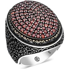 Gumush Gümüş Kırmızı Zirkon Taşlı Oval Erkek Yüzük