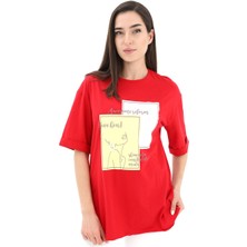 Vapur Bisiklet Yaka Yüz Basklı T-Shirt - Kırmızı