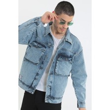 Little Cup Jeans Co Erkek Buz Mavi Körüklü Cep Oversize Kot Ceket