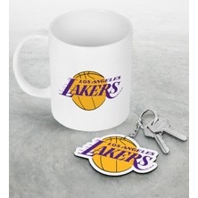 BK Nba Los Angeles Lakers Beyaz Kupa ve Ahşap Anahtarlık Seti