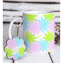 BK Kişiye Özel Çiçek Desenli Beyaz Kupa ve Anahtarlık Hediye Seti-3