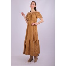 Bomestida Kadın Camel Kayık Yaka Bürümcük Elbise
