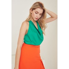 Lime Moda Sırt Dekolteli Degaje Bluz Yeşil