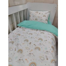 Bebek Özel Pamuk Bebek/çocuk Yastık Çarşaf Yorgan Seti Kahverengi Gökkuşağı/ Mint
