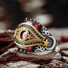 Takılingo 925 Ayar Gümüş Zirkon Detaylı Ayyıldız Erkek Yüzük