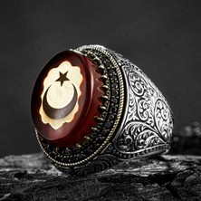 Takılingo 925 Ayar Gümüş Kalem Işlemeli Kehribar Taş Üzeri Ay Yıldız Erkek Yüzük