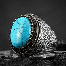 Takılingo 925 Ayar Gümüş Kalem Işlemeli Firuze Taşlı Erkek Yüzük