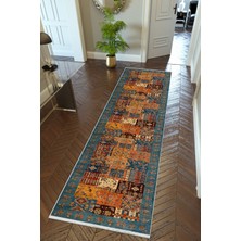 10 Post Online Yolluk Kilim Desenli Otantik Lacivert Kaymaz Kesme Yıkanabilir Ince Dijital Baskı Koridor Halısı