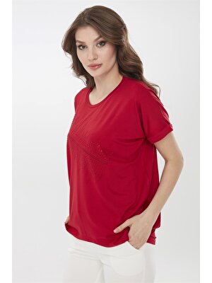 Desen Triko Kadın Önü Fermuar Desenli Penye T-Shirt Kırmızı