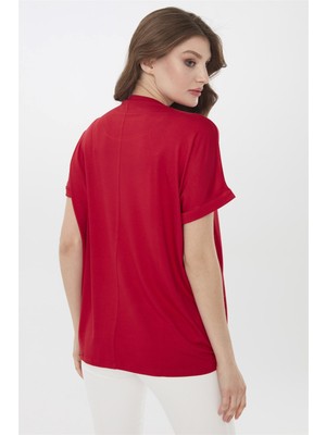 Desen Triko Kadın Önü Fermuar Desenli Penye T-Shirt Kırmızı