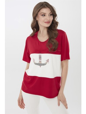 Desen Triko Kadın Sıfır Yaka Önü Çapa Desenli Bluz Kırmızı
