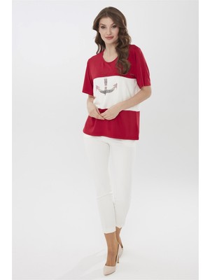Desen Triko Kadın Sıfır Yaka Önü Çapa Desenli Bluz Kırmızı