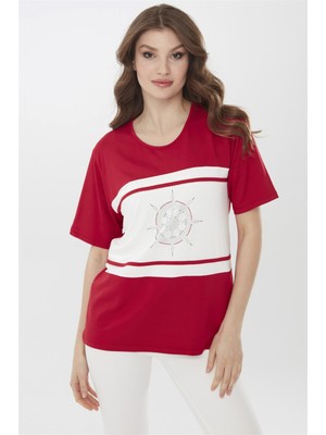 Desen Triko Kadın Sıfır Yaka Dümen Desenli Kısa Kol Bluz Kırmızı