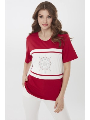 Desen Triko Kadın Sıfır Yaka Dümen Desenli Kısa Kol Bluz Kırmızı