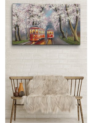 Dünyatablo Kırmızı Tranvaylar Yağlıboya Görünüm Dekoratif Kanvas Duvar Tablosu