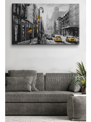 Dünyatablo New York Sokakları ve Sarı Taksi Yağlıboya Görünüm Kanvas Tablo