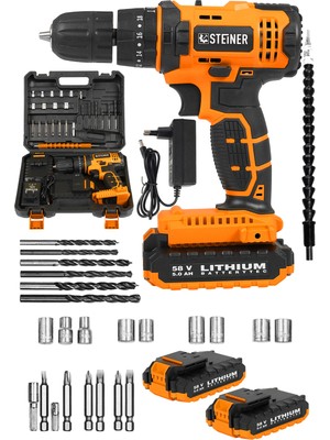Steiner Alman Sta 58 V 5 Ah Darbeli Çift Akülü Metal Dişli Şanzuman Şarjlı Vidalam Matkap + 24 Parça Set