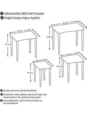 Canisa Concept Kuğu Serisi Mdf 1.sınıf 4lü Zigon Sehpa Takımı, Gürgen Ayaklar