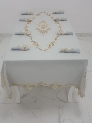 Finezza Perla Lüx Dantelli Simli Keten Kumaş Gri Masa Örtüsü ve Peçeteli Sofra Takımı 8 kişilik Dikdörtgen 160x230 cm 17 Parça - 1161