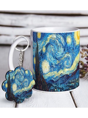 BK Kişiye Özel The Starry Night Vincent Van Gogh Beyaz Kupa ve Anahtarlık Hediye Seti